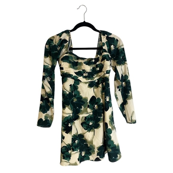 Abercrombie & Fitch Warm Green and Cream Tones Bodycon Dress with Puff Sleeves - Picture 2 of 10